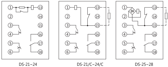 DS-21時間繼電器內部接線及外引接線圖(正視圖)